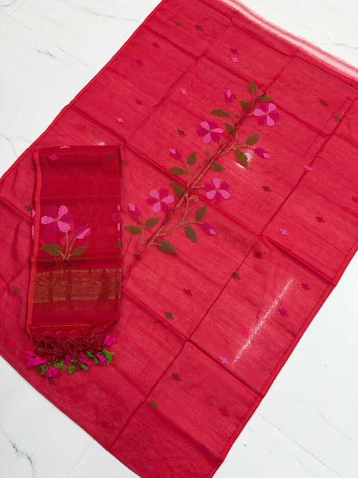 Premium Muslin Unstitched Suite with Large Floral Vine Jamdani & Tasseled Dupatta