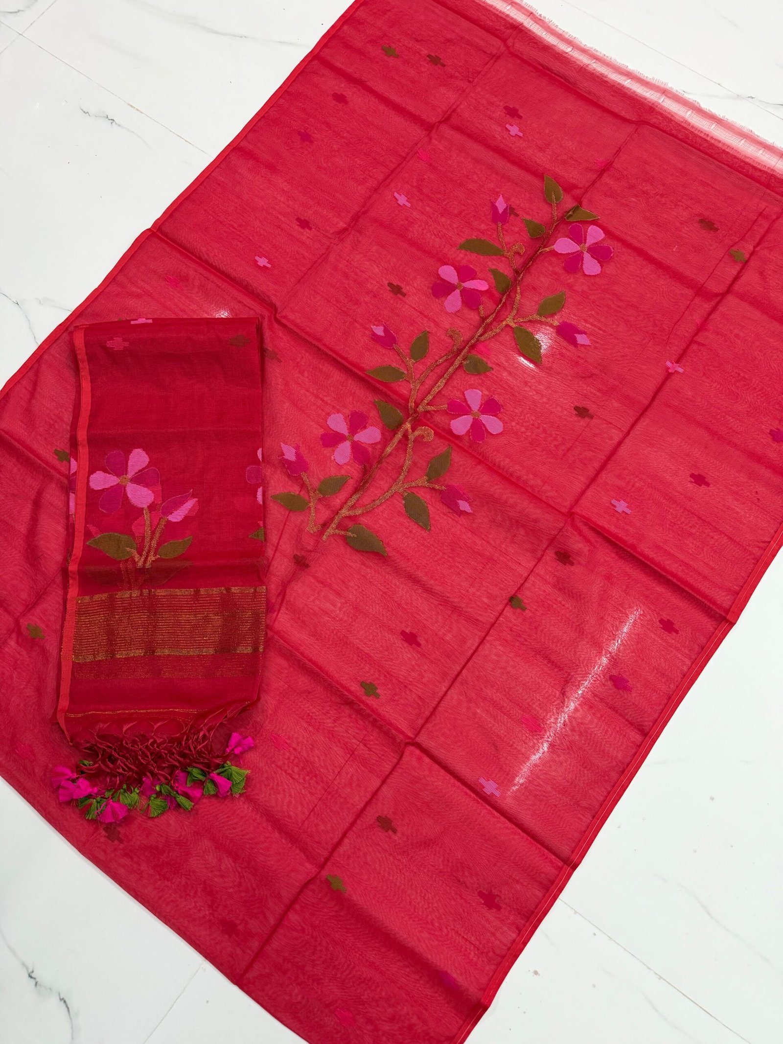 Premium Muslin Unstitched Suite with Large Floral Vine Jamdani & Tasseled Dupatta