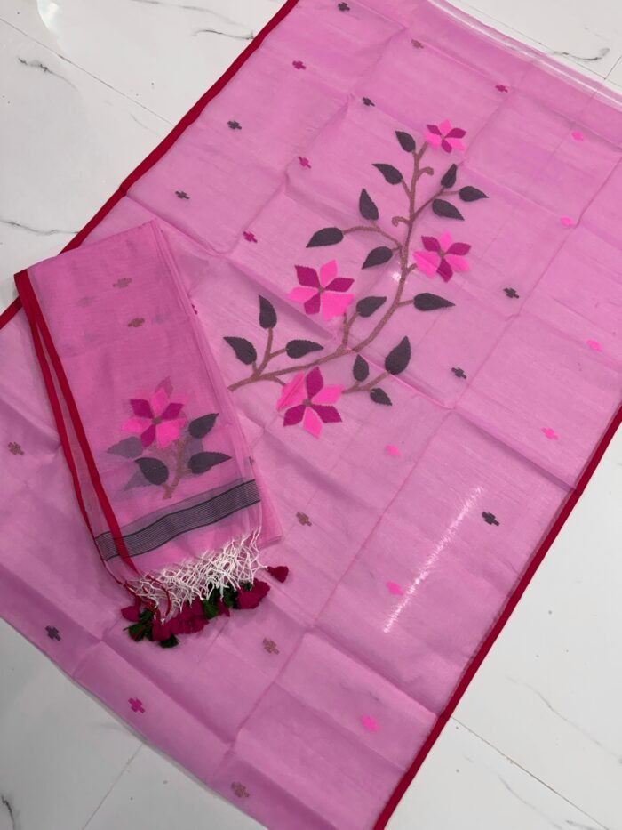 Premium Muslin Unstitched Suite with Large Floral Vine Jamdani & Tasseled Dupatta