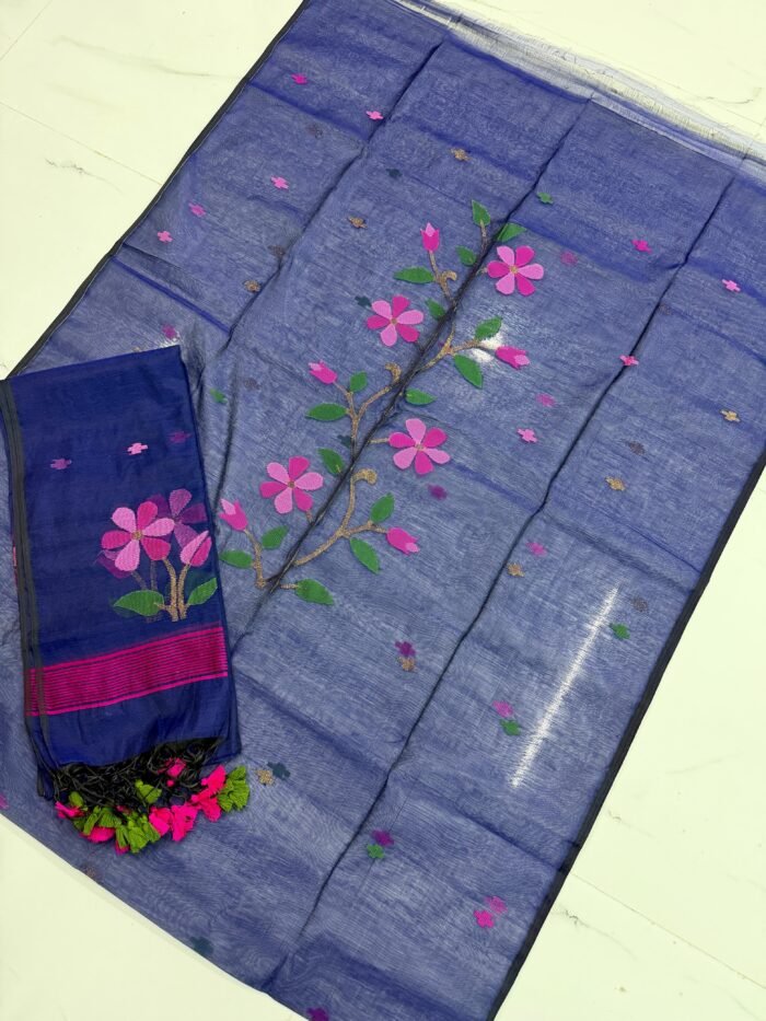 Premium Muslin Unstitched Suite with Large Floral Vine Jamdani & Tasseled Dupatta