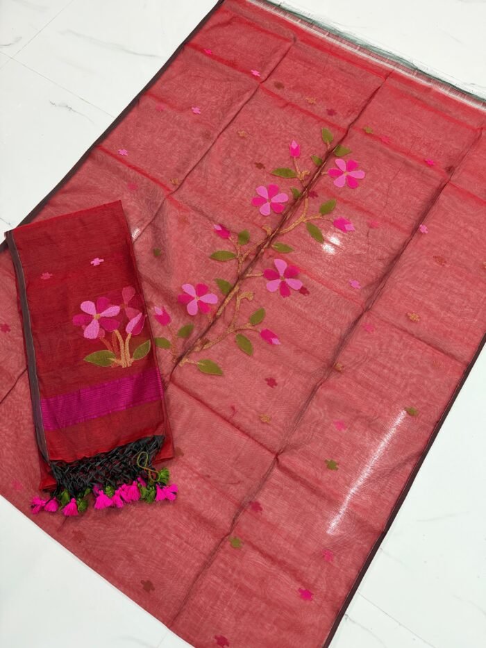Premium Muslin Unstitched Suite with Large Floral Vine Jamdani & Tasseled Dupatta