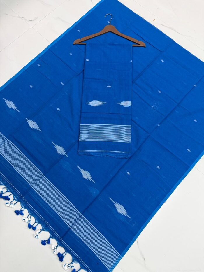 Premium Pure Cotton Unstitched Suite with Handwoven Ikat-Style Motifs & Striped Border