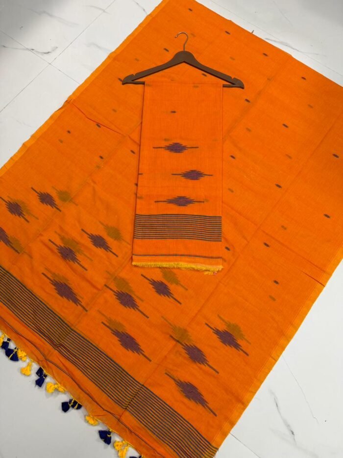 Premium Pure Cotton Unstitched Suite with Handwoven Ikat-Style Motifs & Striped Border