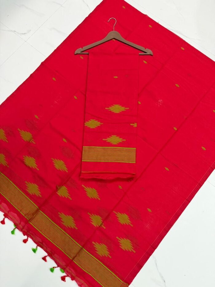 Premium Pure Cotton Unstitched Suite with Handwoven Ikat-Style Motifs & Striped Border