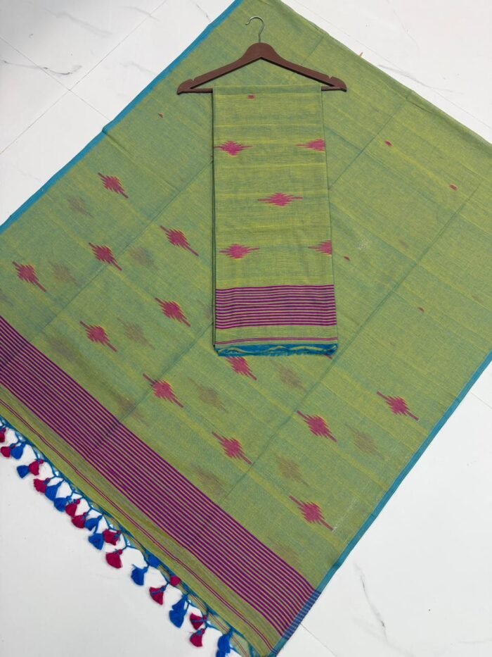 Premium Pure Cotton Unstitched Suite with Handwoven Ikat-Style Motifs & Striped Border