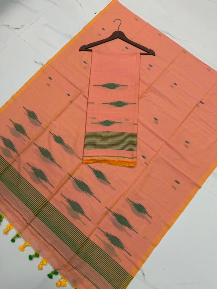 Premium Pure Cotton Unstitched Suite with Handwoven Ikat-Style Motifs & Striped Border