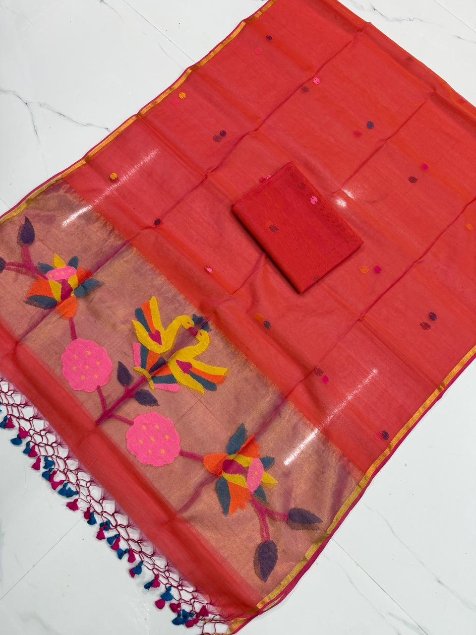 Premium Muslin Unstitched Suite with Traditional Jamdani Avian & Floral Artistry