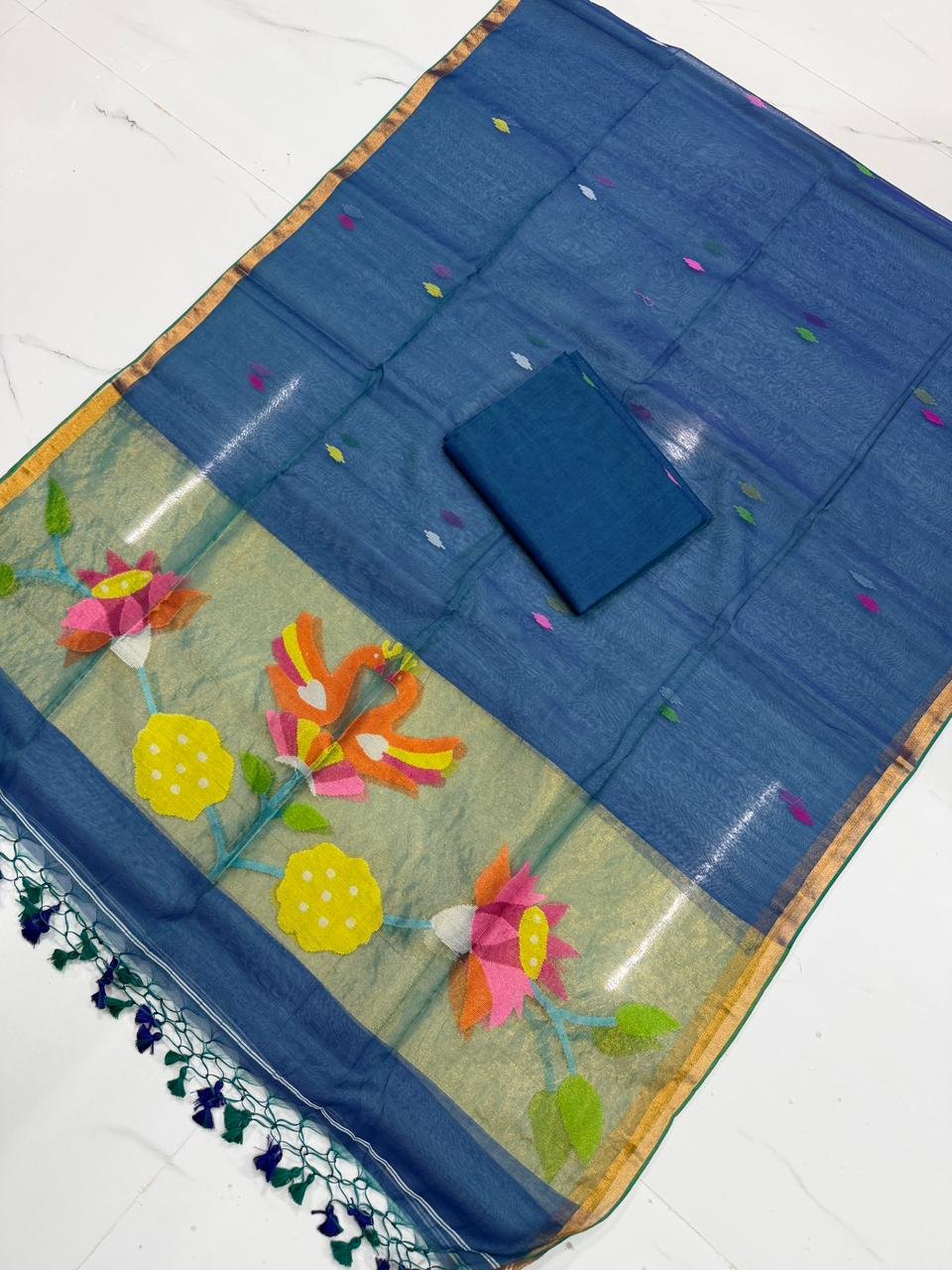 Premium Muslin Unstitched Suite with Traditional Jamdani Avian & Floral Artistry