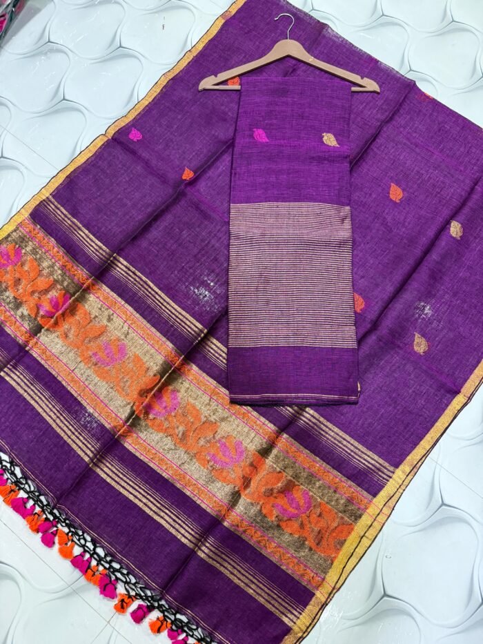 Premium Linen Unstitched Suite with Floral Jamdani Border & Zari Accents