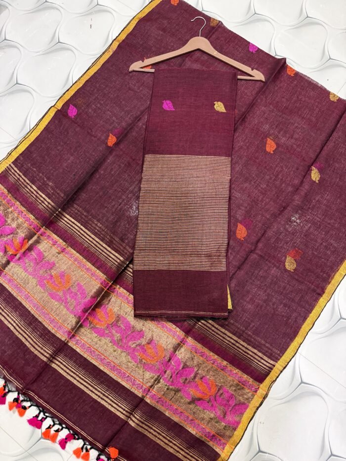 Premium Linen Unstitched Suite with Floral Jamdani Border & Zari Accents