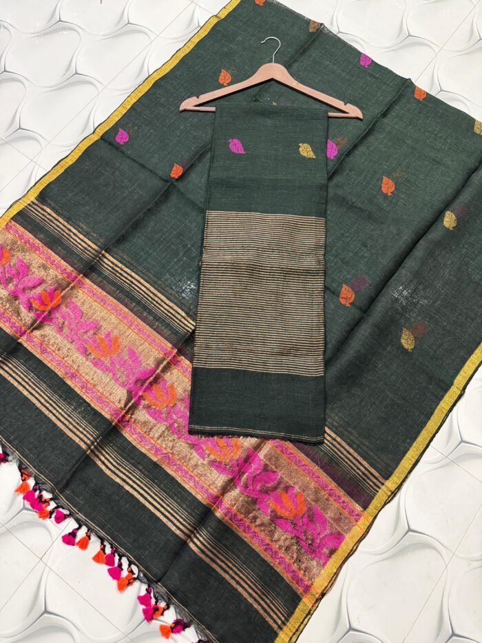 Premium Linen Unstitched Suite with Floral Jamdani Border & Zari Accents