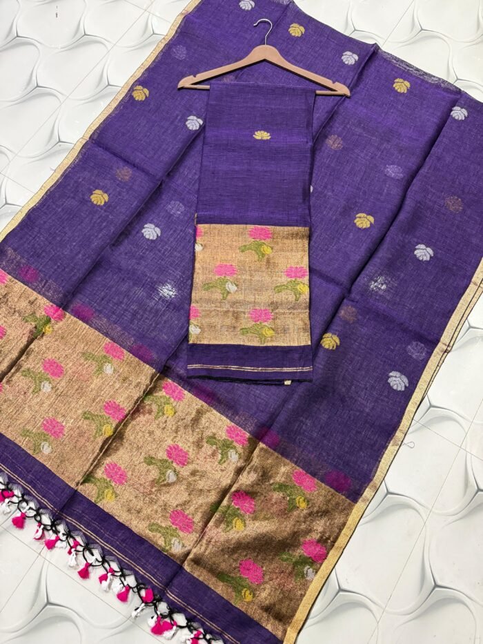 Premium Linen Unstitched Suite with Floral Jamdani Border & Zari Accents