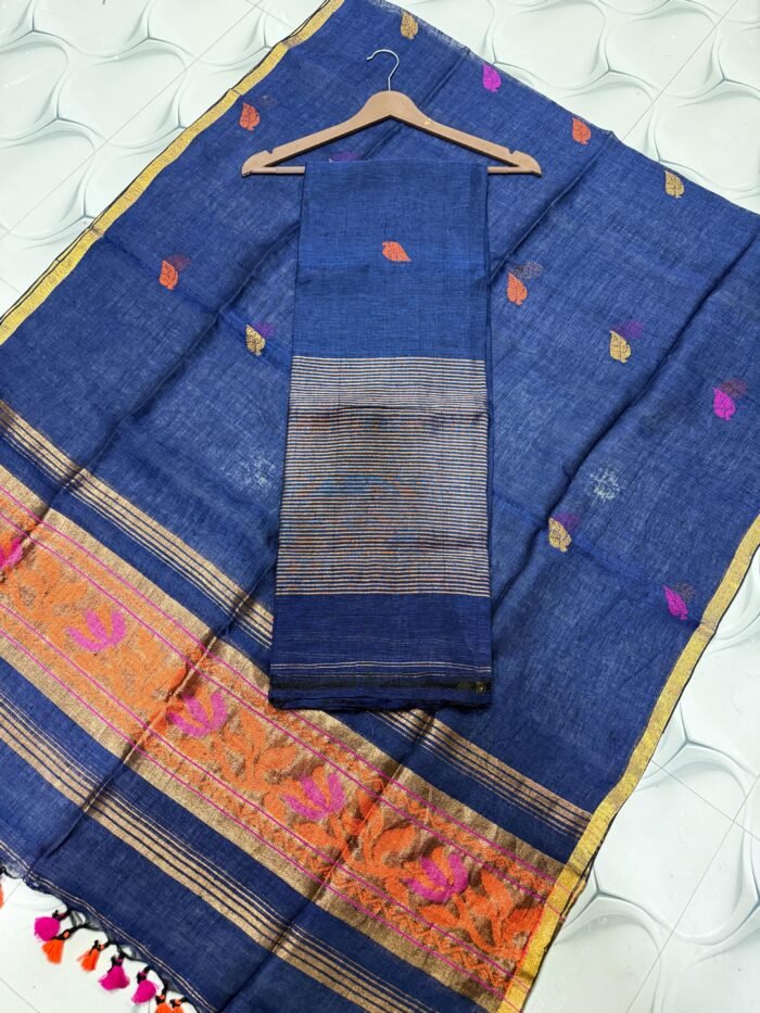Premium Linen Unstitched Suite with Floral Jamdani Border & Zari Accents