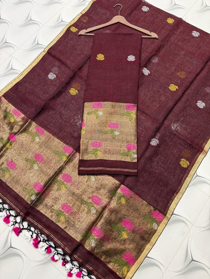 Premium Linen Unstitched Suite with Floral Jamdani Border & Zari Accents