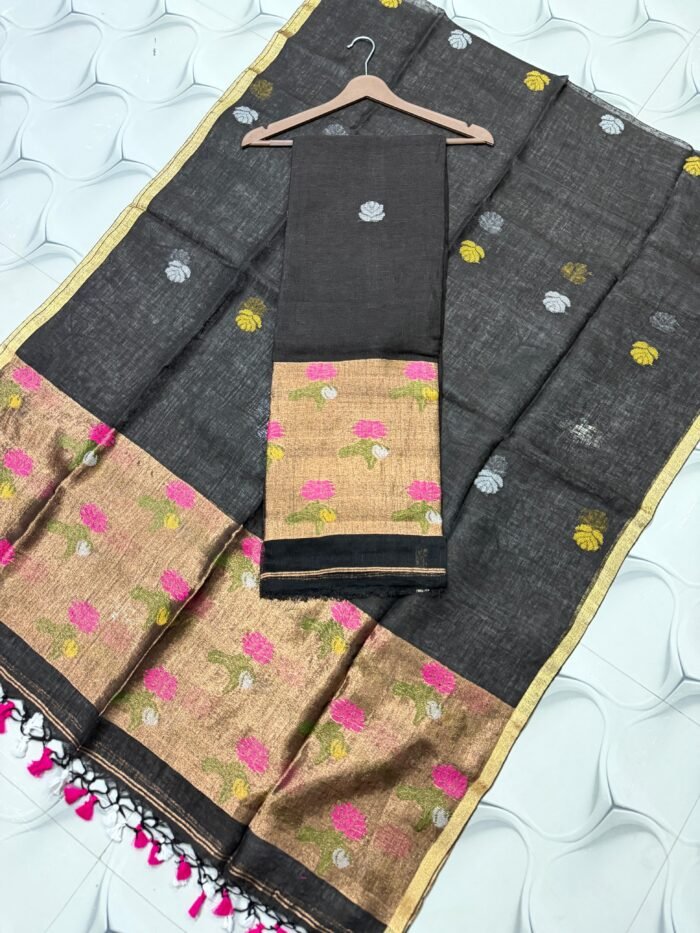 Premium Linen Unstitched Suite with Floral Jamdani Border & Zari Accents