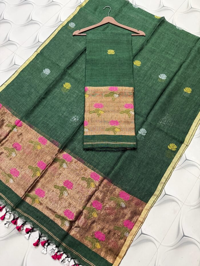 Premium Linen Unstitched Suite with Floral Jamdani Border & Zari Accents