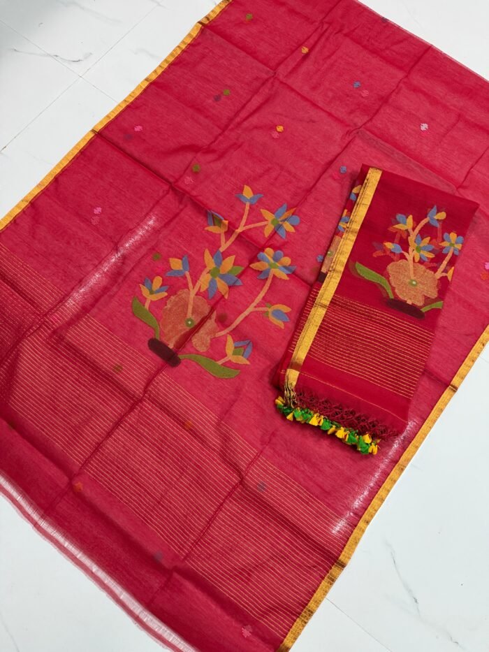 Premium Muslin Unstitched Suite with Large Floral Vine Jamdani & Tasseled Dupatta