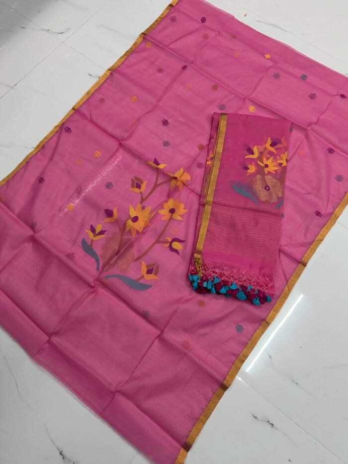 Premium Muslin Unstitched Suite with Large Floral Vine Jamdani & Tasseled Dupatta