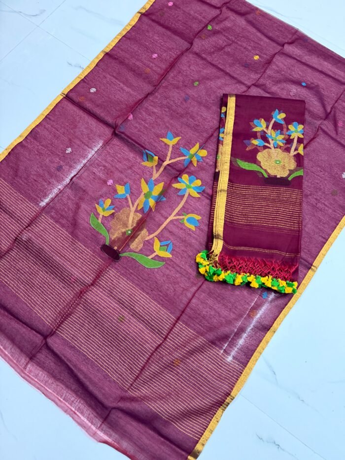 Premium Muslin Unstitched Suite with Large Floral Vine Jamdani & Tasseled Dupatta
