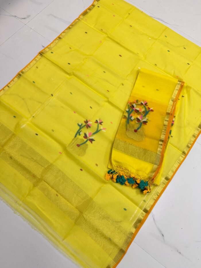 Premium Muslin Unstitched Suite with Large Floral Vine Jamdani & Tasseled Dupatta