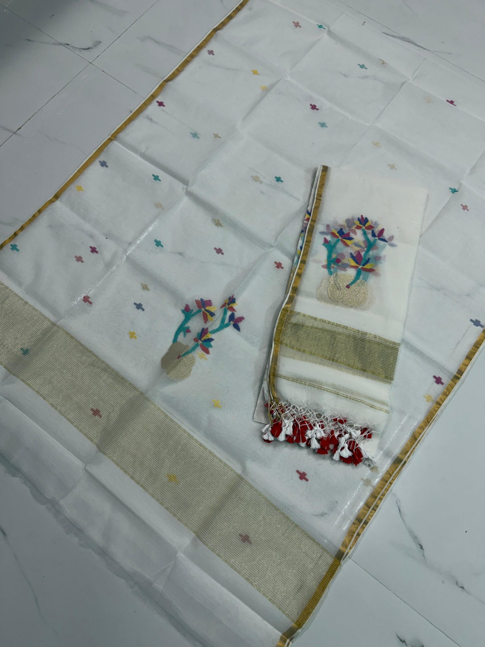 Premium Muslin Unstitched Suite with Large Floral Vine Jamdani & Tasseled Dupatta