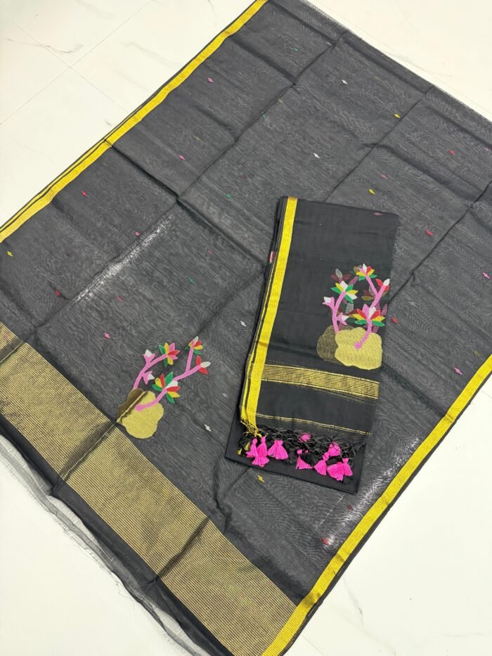 Premium Muslin Unstitched Suite with Large Floral Vine Jamdani & Tasseled Dupatta