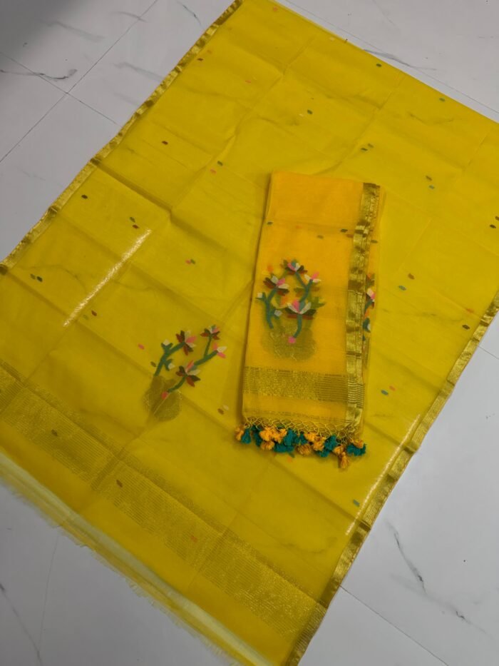 Premium Muslin Unstitched Suite with Large Floral Vine Jamdani & Tasseled Dupatta