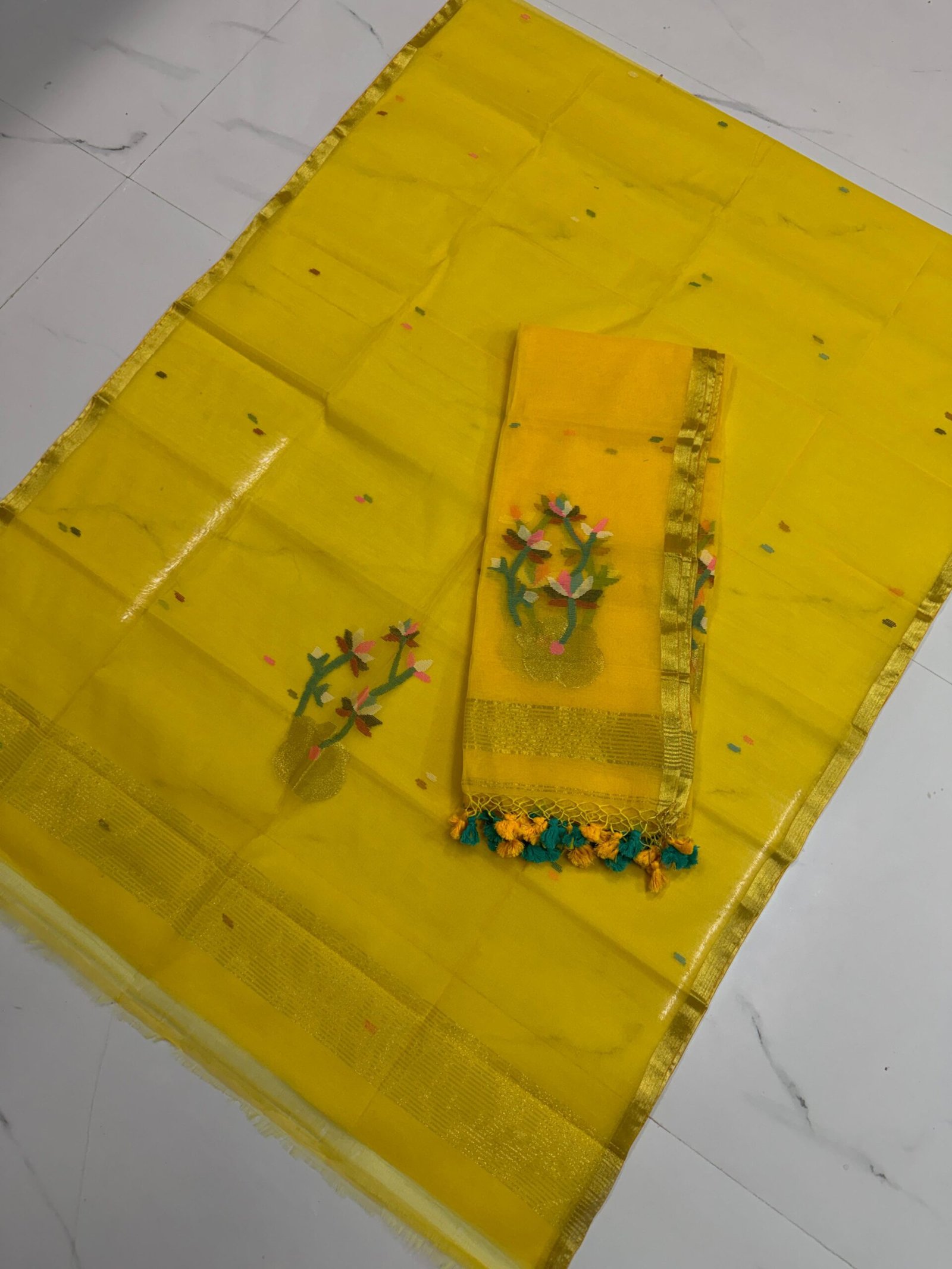 Premium Muslin Unstitched Suite with Large Floral Vine Jamdani & Tasseled Dupatta