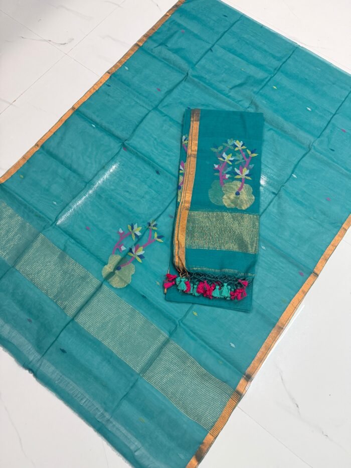 Premium Muslin Unstitched Suite with Large Floral Vine Jamdani & Tasseled Dupatta