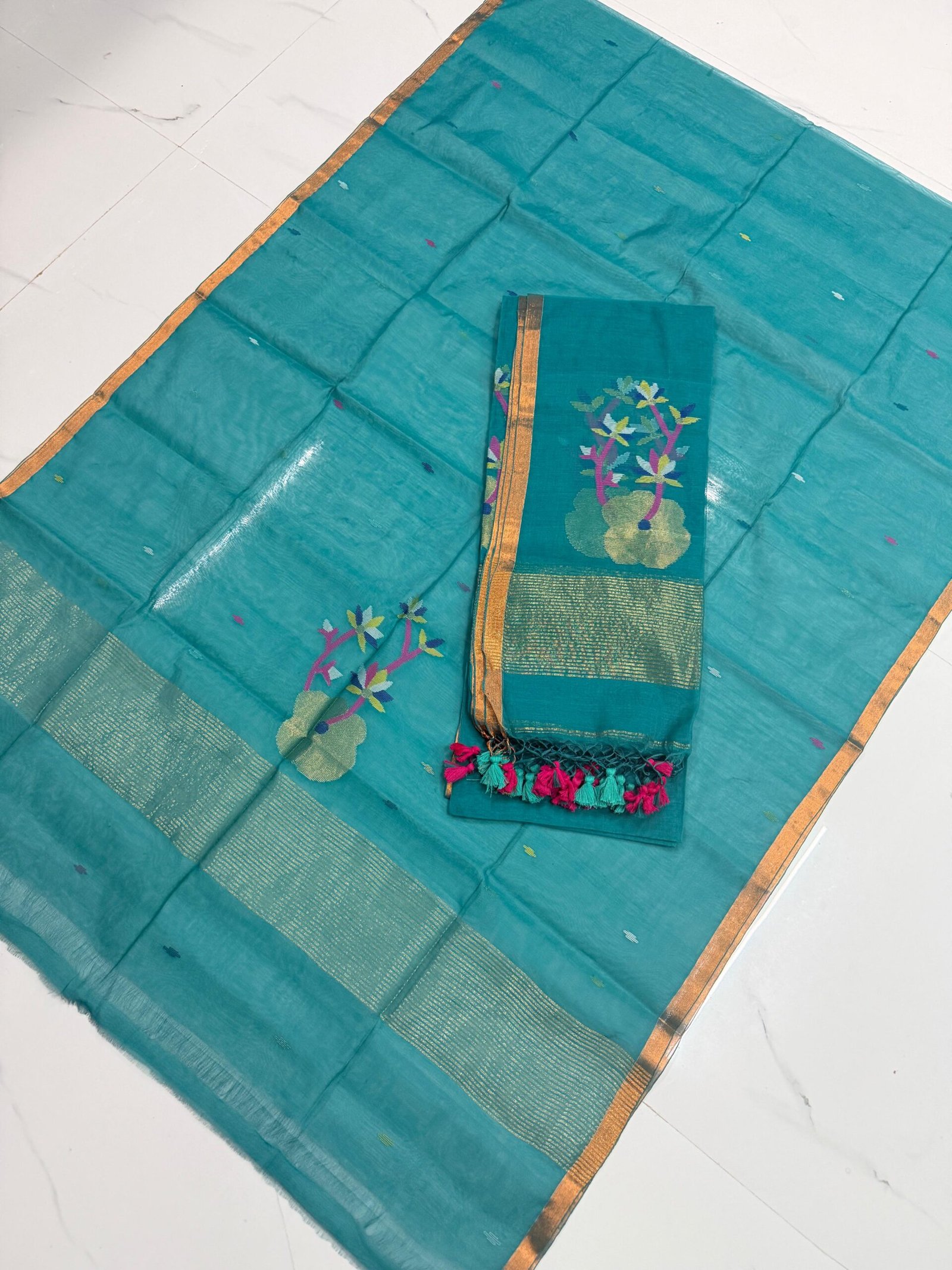 Premium Muslin Unstitched Suite with Large Floral Vine Jamdani & Tasseled Dupatta
