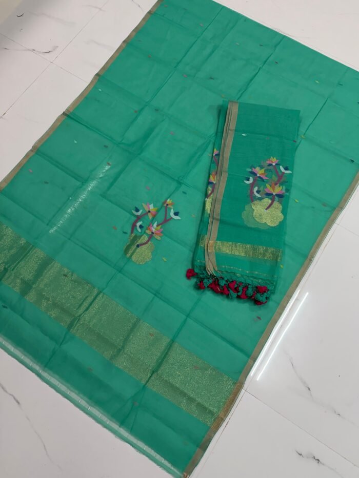 Premium Muslin Unstitched Suite with Large Floral Vine Jamdani & Tasseled Dupatta