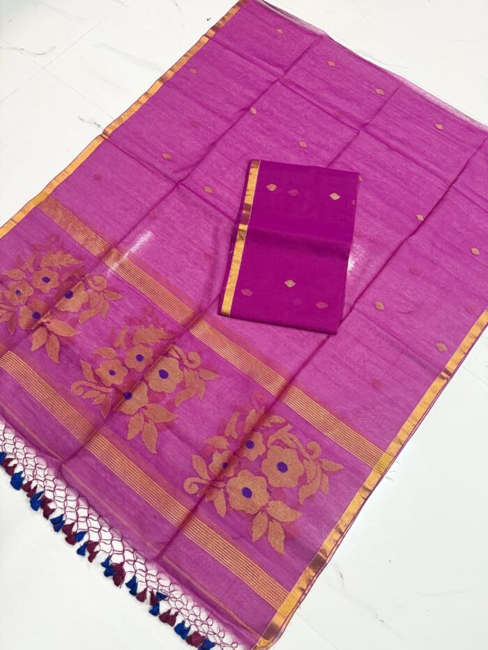 Premium Muslin Unstitched Suite with Gold-Tone Zari Borders & Floral Jamdani Artistry