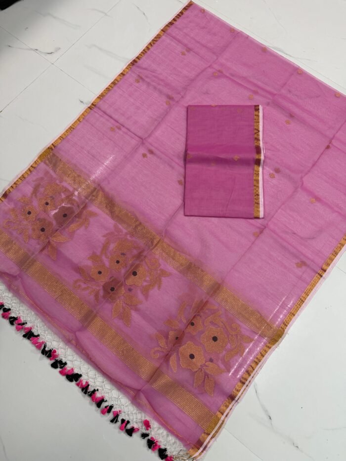 Premium Muslin Unstitched Suite with Gold-Tone Zari Borders & Floral Jamdani Artistry
