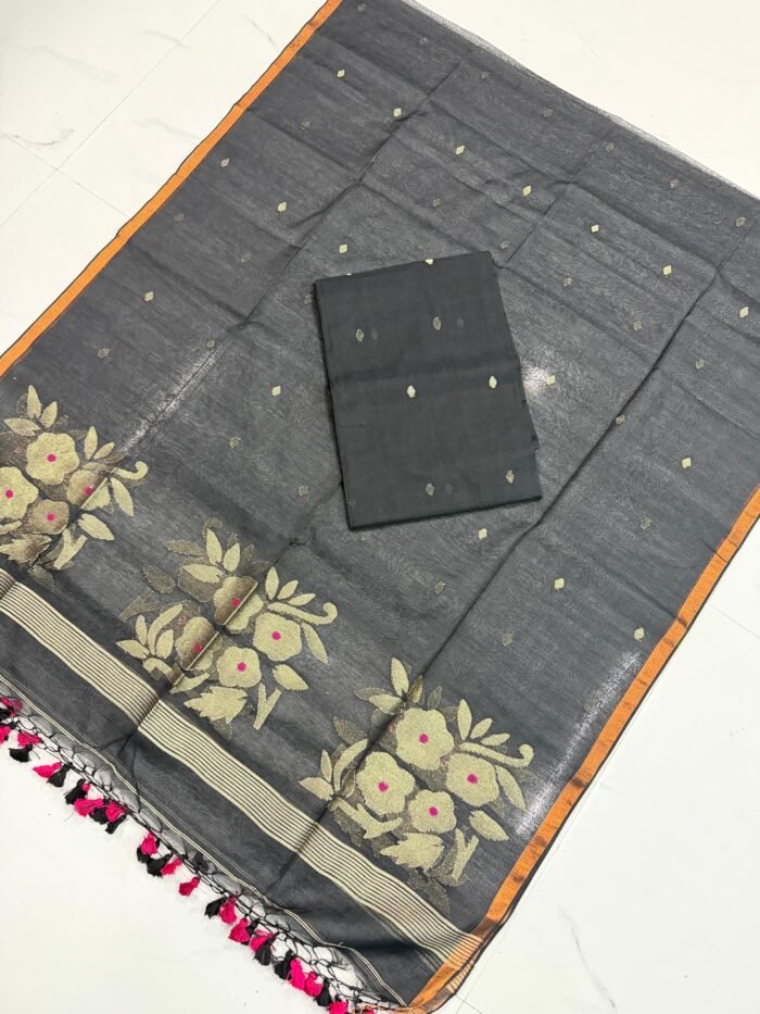 Premium Muslin Unstitched Suite with Gold-Tone Zari Borders & Floral Jamdani Artistry