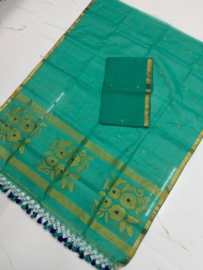 Premium Muslin Unstitched Suite with Gold-Tone Zari Borders & Floral Jamdani Artistry