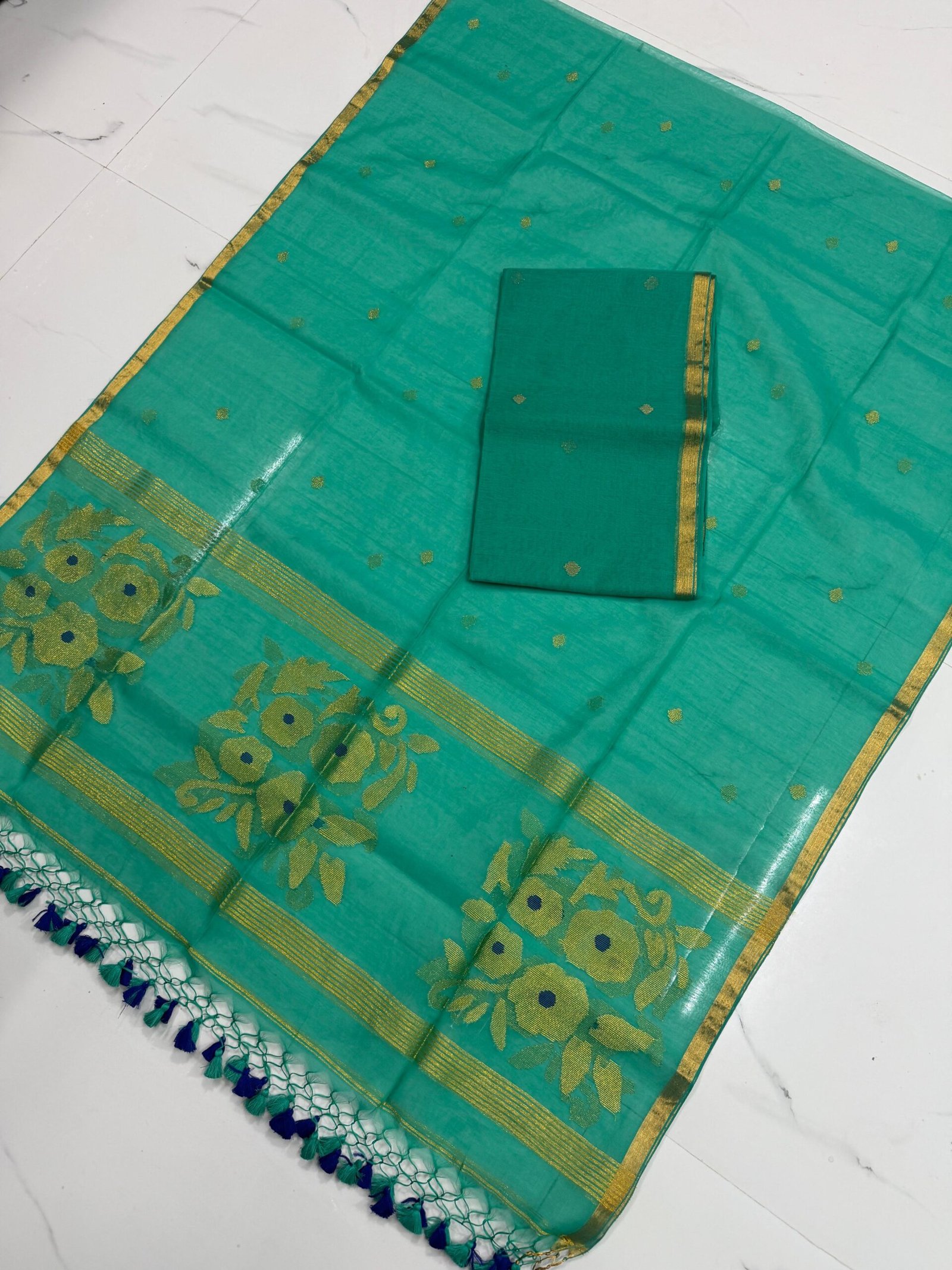 Premium Muslin Unstitched Suite with Gold-Tone Zari Borders & Floral Jamdani Artistry