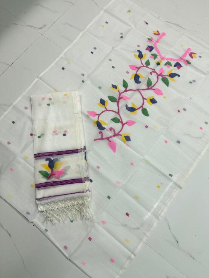Premium Muslin Unstitched Suite with Handwoven Floral Vine & Tasseled Dupatta