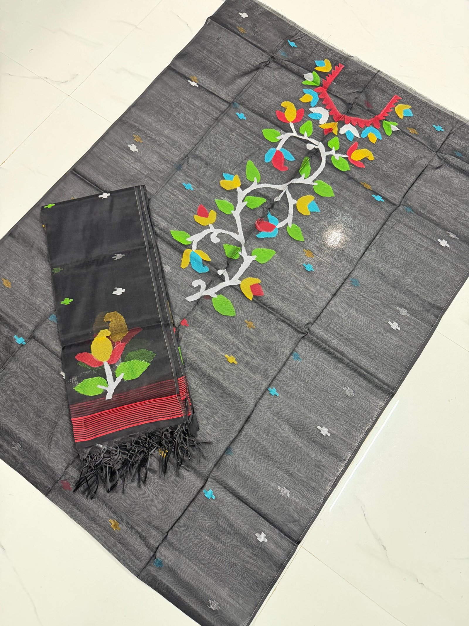 Premium Muslin Unstitched Suite with Handwoven Floral Vine & Tasseled Dupatta