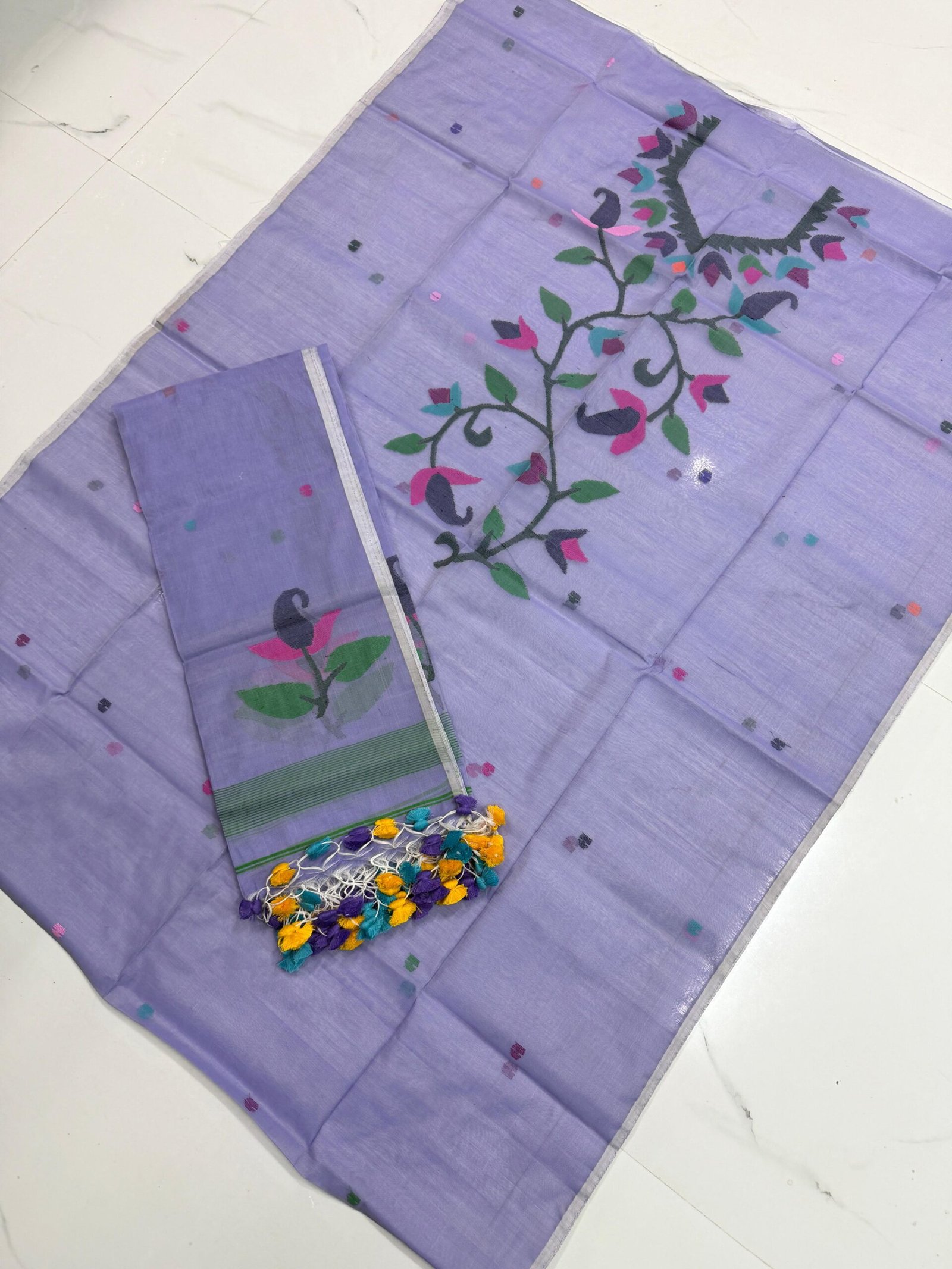 Premium Muslin Unstitched Suite with Handwoven Floral Vine & Tasseled Dupatta