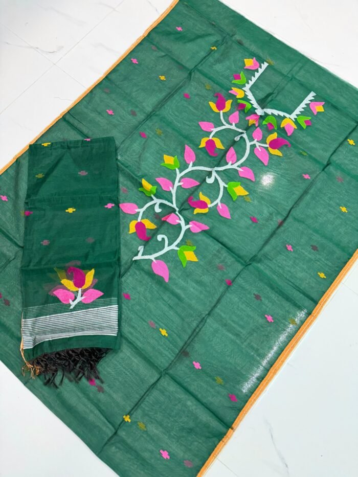 Premium Muslin Unstitched Suite with Handwoven Floral Vine & Tasseled Dupatta