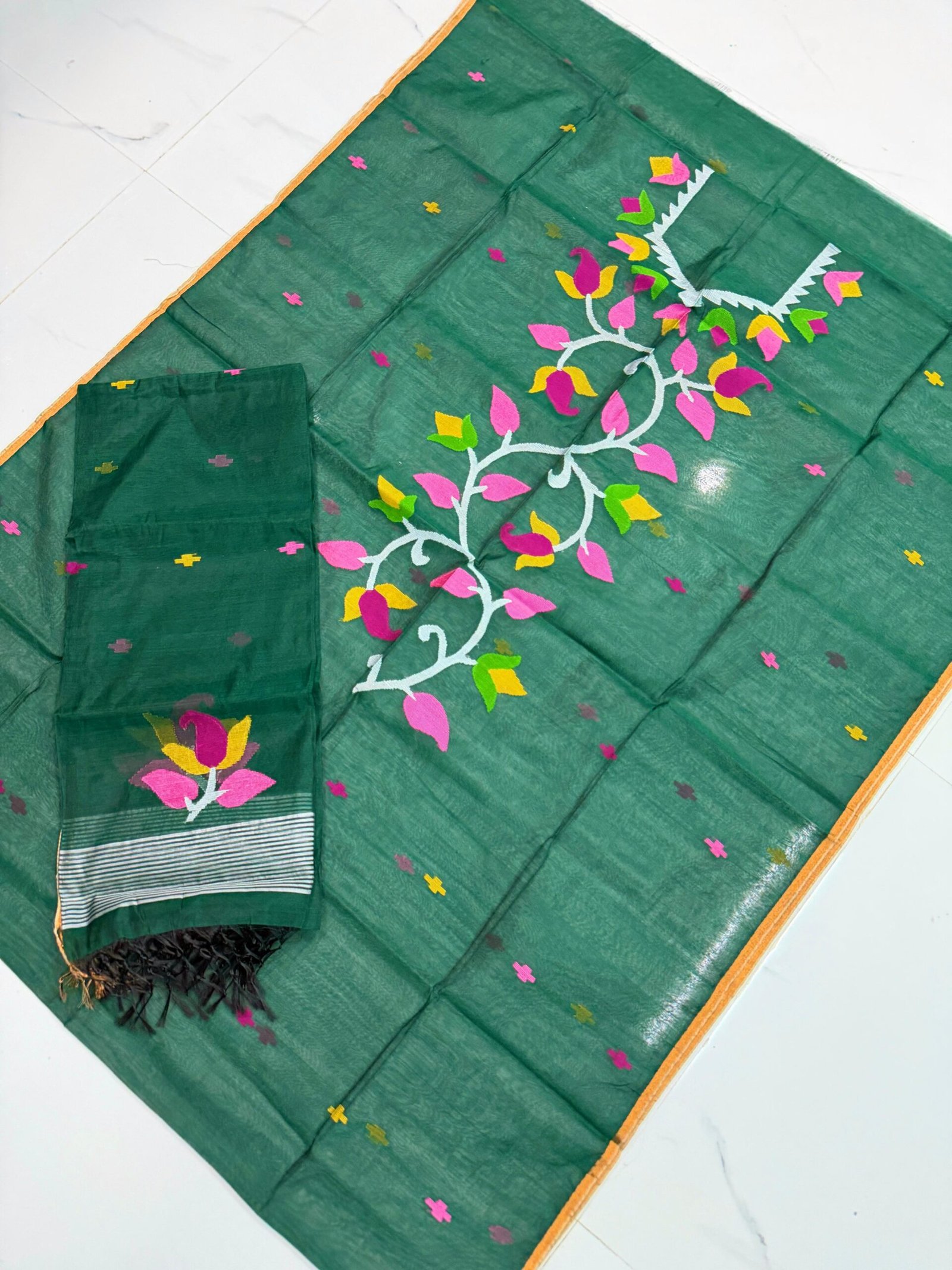 Premium Muslin Unstitched Suite with Handwoven Floral Vine & Tasseled Dupatta