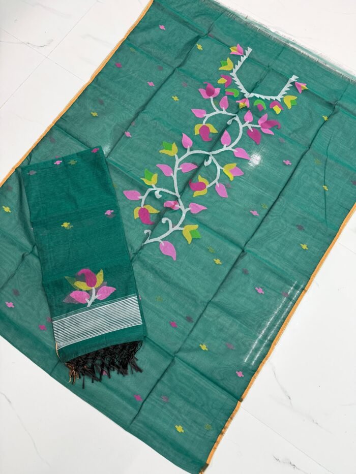 Premium Muslin Unstitched Suite with Handwoven Floral Vine & Tasseled Dupatta