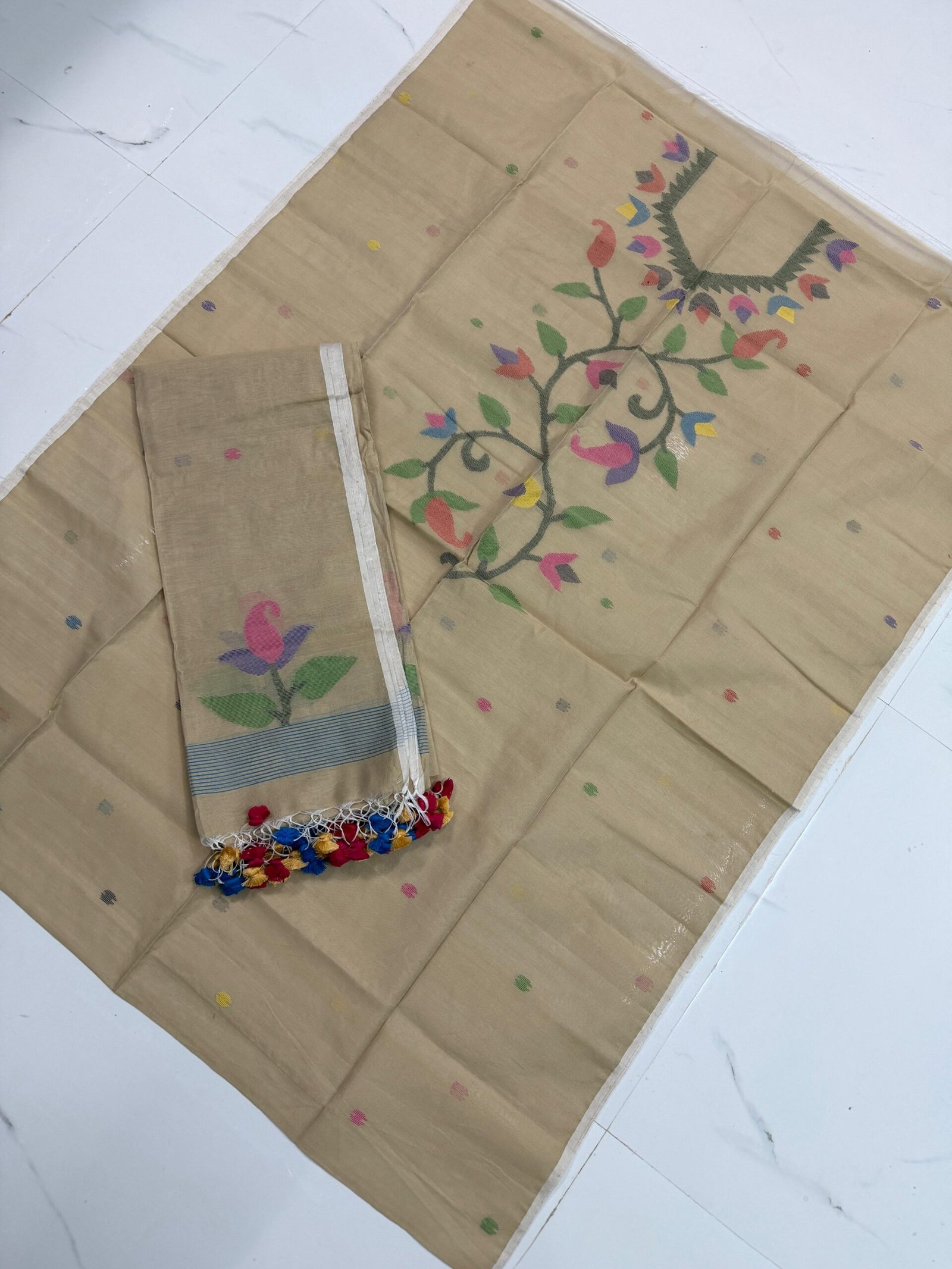 Premium Muslin Unstitched Suite with Handwoven Floral Vine & Tasseled Dupatta
