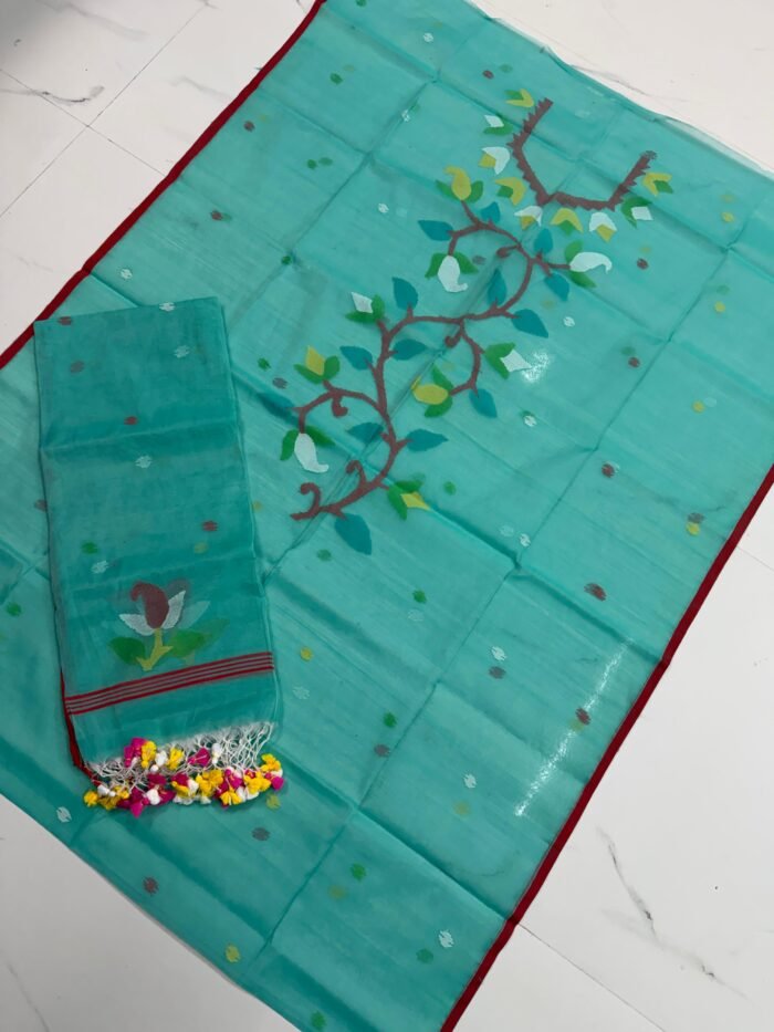 Premium Muslin Unstitched Suite with Handwoven Floral Vine & Tasseled Dupatta