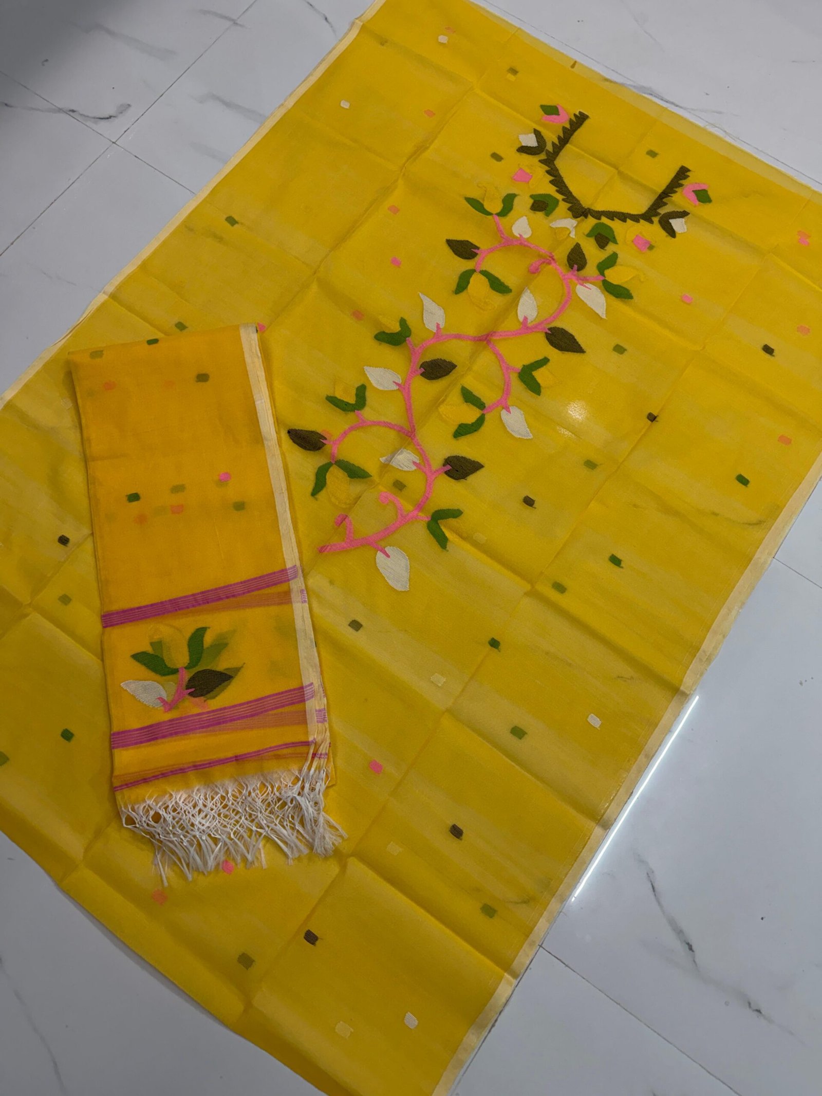 Premium Muslin Unstitched Suite with Handwoven Floral Vine & Tasseled Dupatta