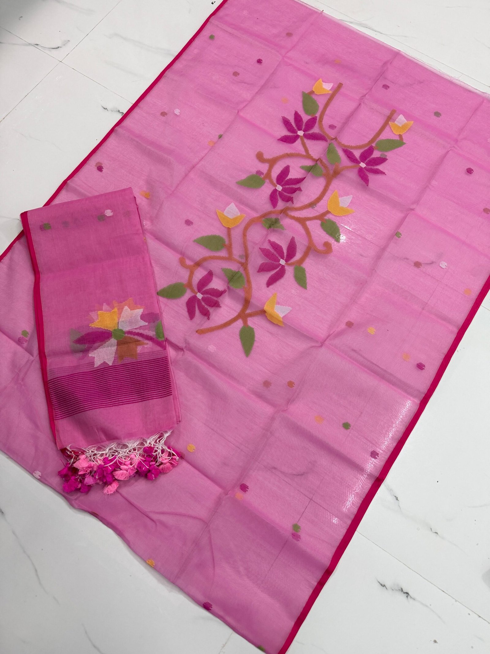 Premium Muslin Unstitched Suite with Handwoven Floral Vine & Tasseled Dupatta