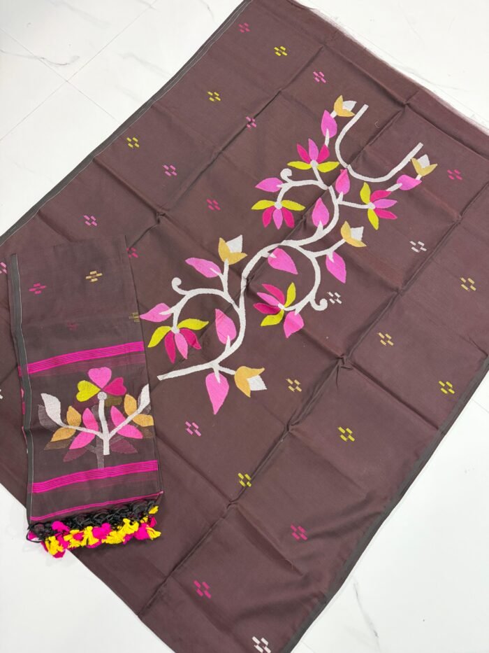 Premium Muslin Unstitched Suite with Handwoven Floral Vine & Tasseled Dupatta