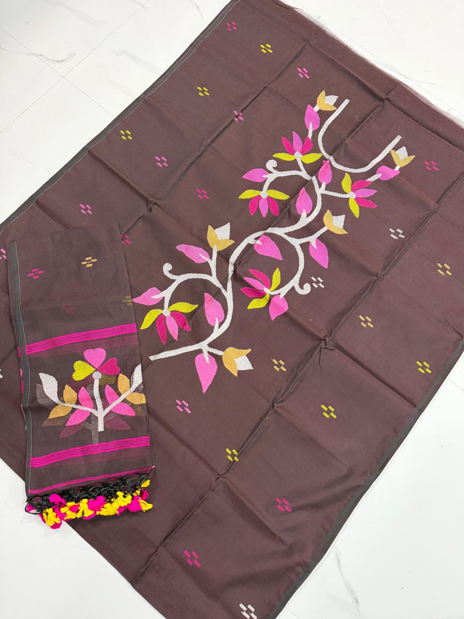 Premium Muslin Unstitched Suite with Handwoven Floral Vine & Tasseled Dupatta