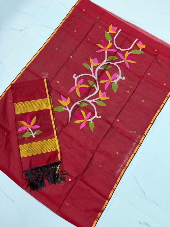 Premium Muslin Unstitched Suite with Handwoven Floral Vine & Tasseled Dupatta
