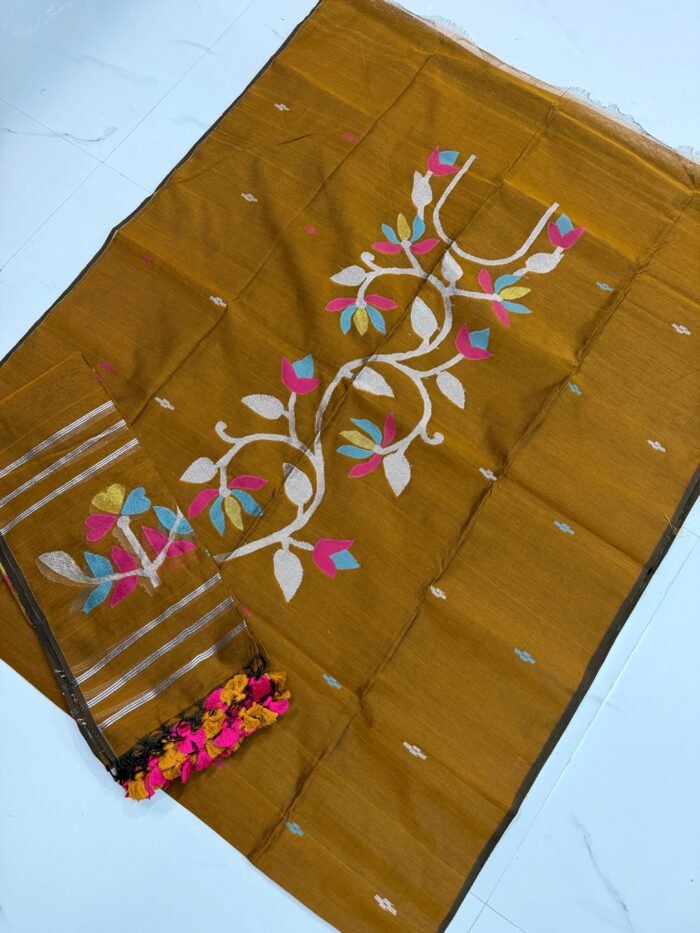 Premium Muslin Unstitched Suite with Handwoven Floral Vine & Tasseled Dupatta